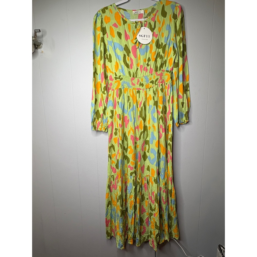 SGF11 Womens Abstract‎ Brushstroke Maxi Dress Green Pink Smocked Waist Large NEW